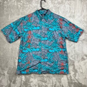 Wu Wear Vintage Hawaiian Shirt All Over Print Button Down Shirt Grey Teal Large